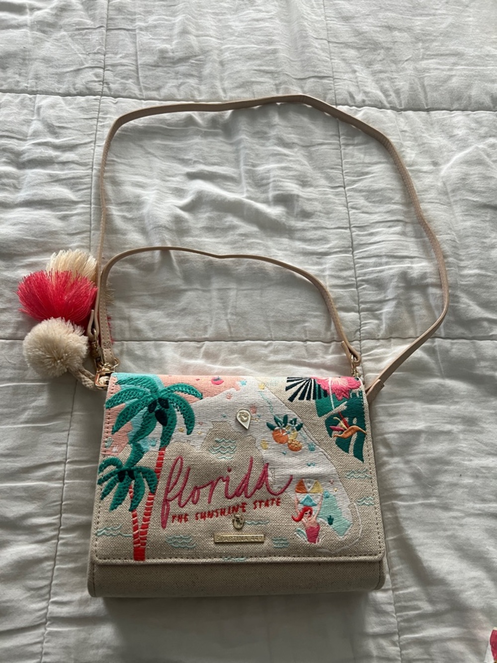 Spartina 449Florida Embroidered Crossbody Bag - Neutral with Pink & Teal Accents